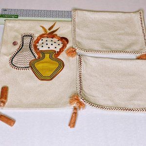 Boho Rustic Beige & Terracotta Designed Home Decor Table Runner & 2 Mats NWT